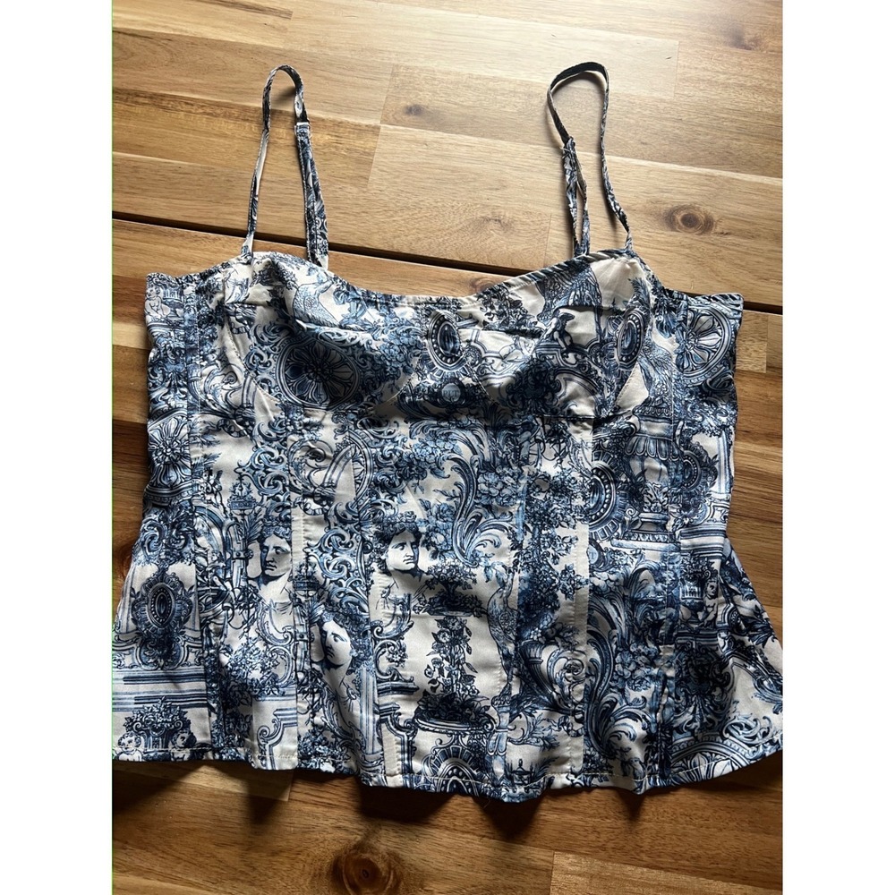PrettyLittleThing Blue Renaissance Toile Print Corset Top Zip back coquette chic - Picture 5 of 8